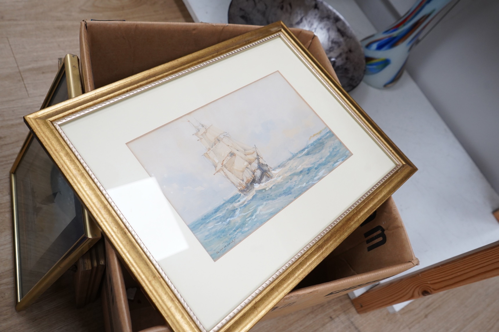 Late 19th / early 20th century, Maritime interest, Boats at sea before a castle, oil on board, together with six similar watercolours to include examples by Frederick James Aldridge and B. McKinley, largest 24 x 34cm